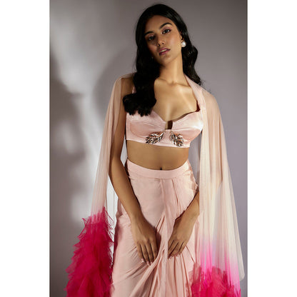 Masumi Mewawalla Peach Pink Solid Drape Skirt With Ombre Ruffle Dupatta (Set of 3)