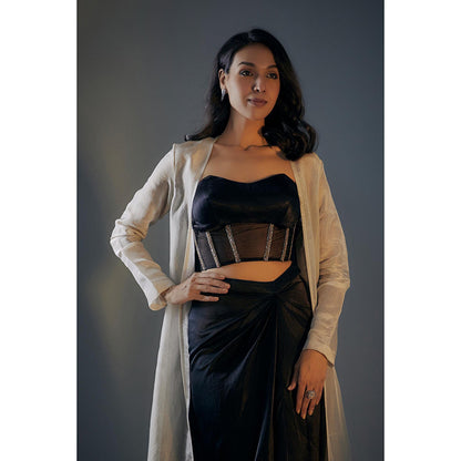 Masumi Mewawalla Black Embroidered Corset With Draped Skirt And Colour Block Jacket (Set of 3)