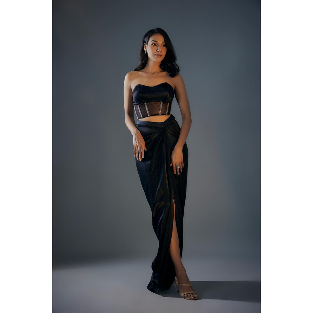 Masumi Mewawalla Black Embroidered Corset With Draped Skirt And Colour Block Jacket (Set of 3)