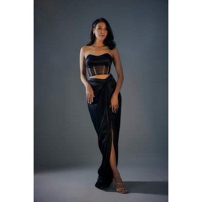 Masumi Mewawalla Black Embroidered Corset With Draped Skirt And Colour Block Jacket (Set of 3)