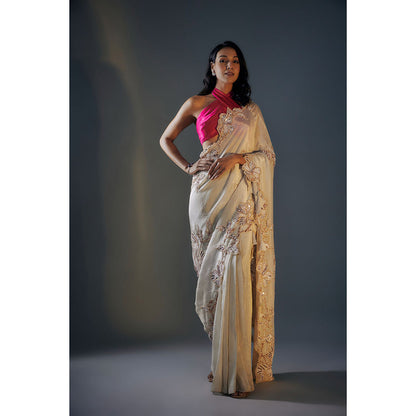 Masumi Mewawalla Pre Draped Beige Embroidered Saree with Pink Stitched Blouse