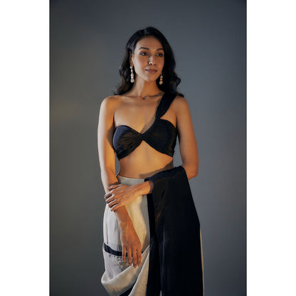Masumi Mewawalla Pre Draped Black and Light Gold Tissue Saree with Stitched Blouse