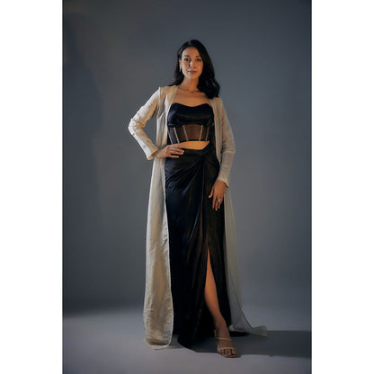Masumi Mewawalla Black Embroidered Bustier Top with Draped Skirt and Jacket Co-Ord (Set of 3)