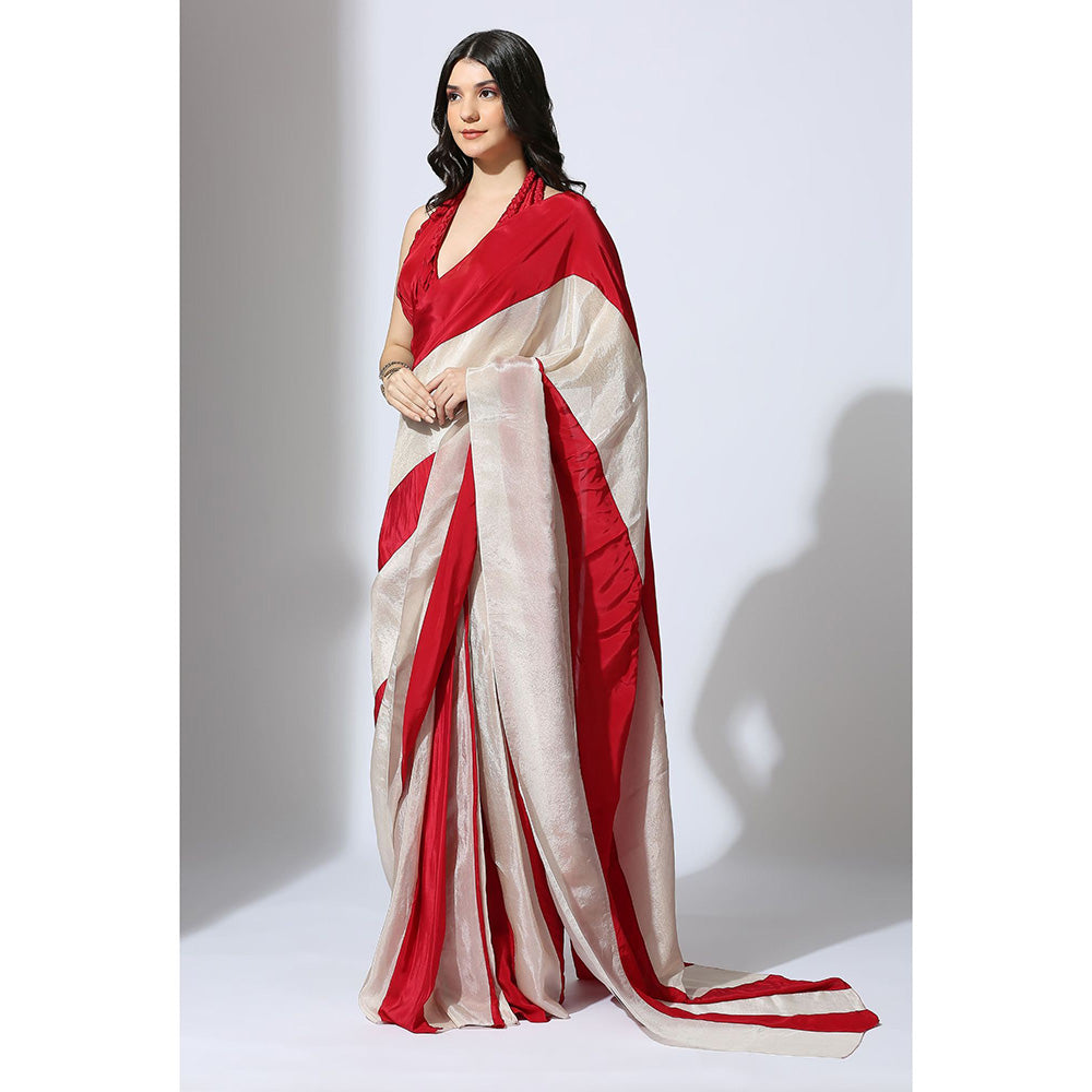 Masumi Mewawalla Pre Draped Red and Beige Color Block Saree with Red Stitched Blouse
