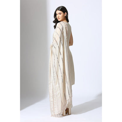 Masumi Mewawalla Beige Tissue Embroidered Kurta and Pant with Dupatta (Set of 3)