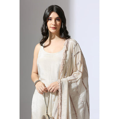 Masumi Mewawalla Beige Tissue Embroidered Kurta and Pant with Dupatta (Set of 3)