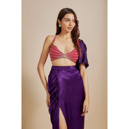 Masumi Mewawalla Purple Embroidered Skirt with Blouse and Drape (Set of 3)