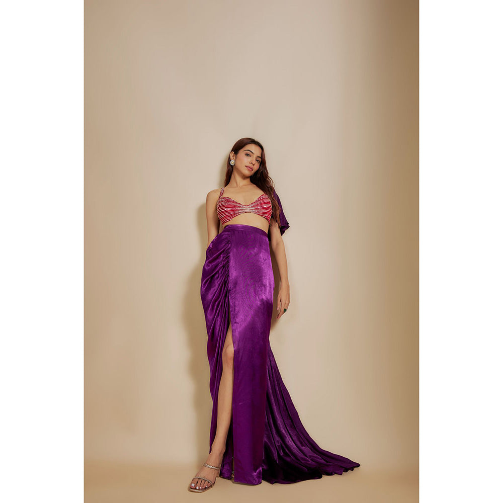 Masumi Mewawalla Purple Embroidered Skirt with Blouse and Drape (Set of 3)