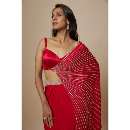 Masumi Mewawalla Red Skirt with Drape Blouse (Set of 2)