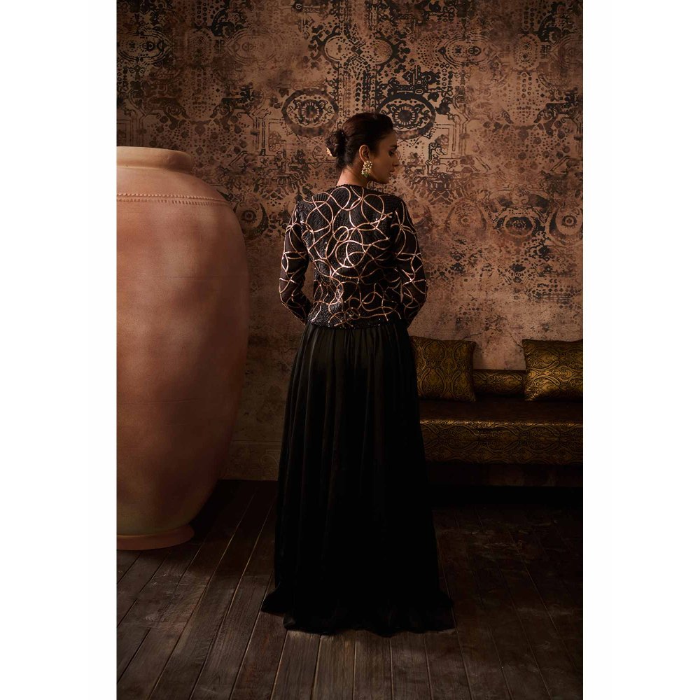Masumi Mewawalla Black Embroidered Jacket with Bustier and Palazzo (Set of 3)