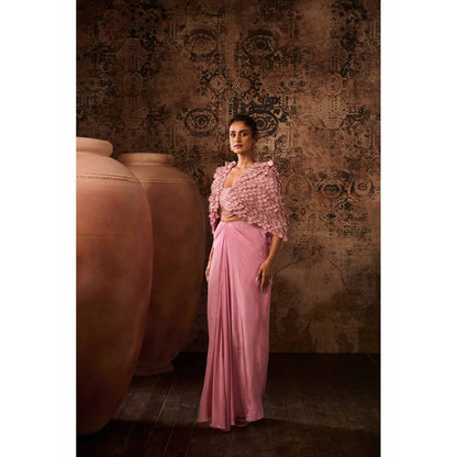 Masumi Mewawalla Onion Pink Embellished Blouse with Drape Skirt and Cape (Set of 3)