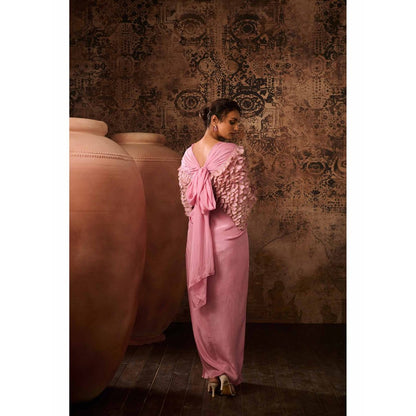 Masumi Mewawalla Onion Pink Embellished Blouse with Drape Skirt and Cape (Set of 3)