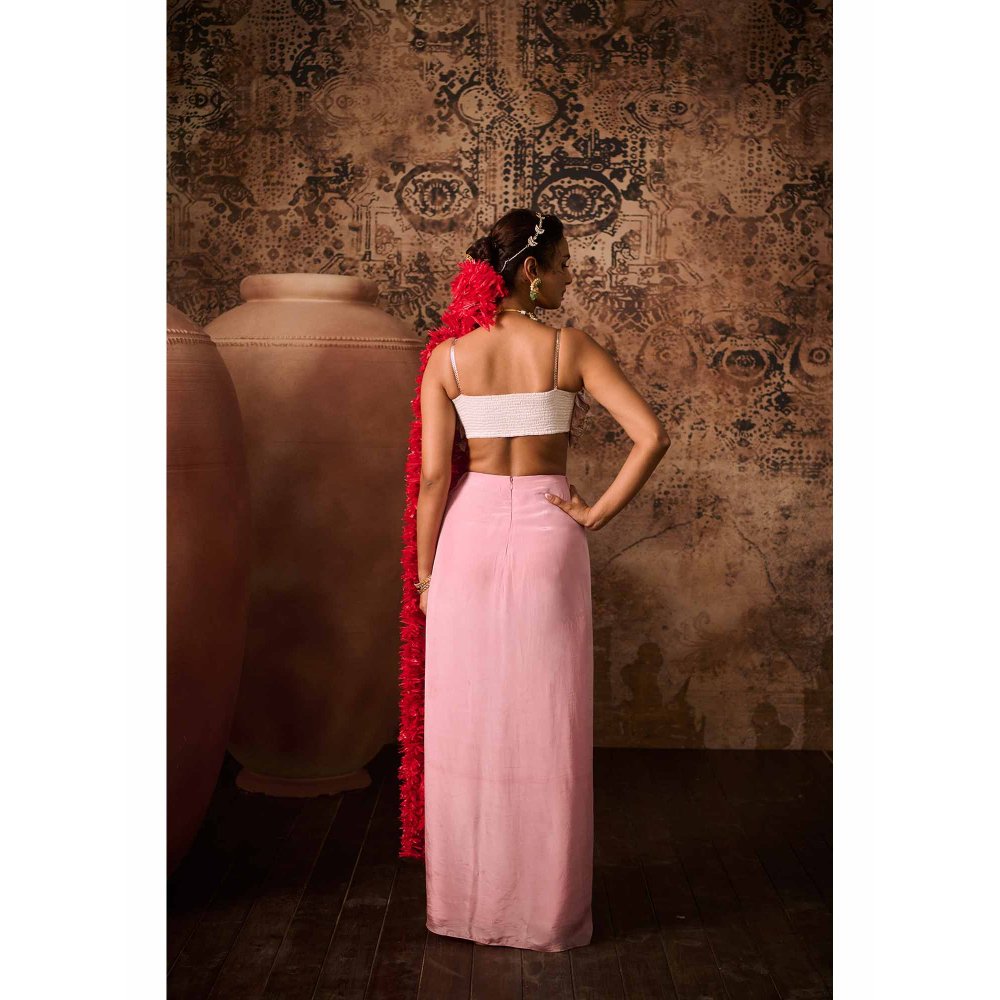 Masumi Mewawalla Pink Embellished Drape Skirt with Bustier (Set of 2)