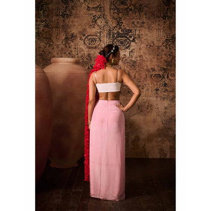 Masumi Mewawalla Pink Embellished Drape Skirt with Bustier (Set of 2)