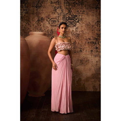 Masumi Mewawalla Pink Embellished Drape Skirt with Bustier (Set of 2)