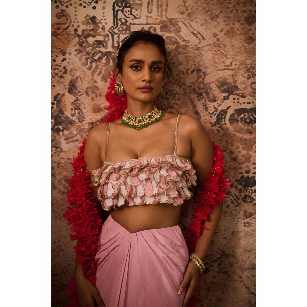 Masumi Mewawalla Pink Embellished Drape Skirt with Bustier (Set of 2)