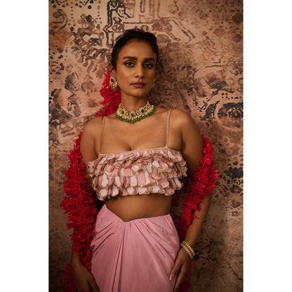Masumi Mewawalla Pink Embellished Drape Skirt with Bustier (Set of 2)