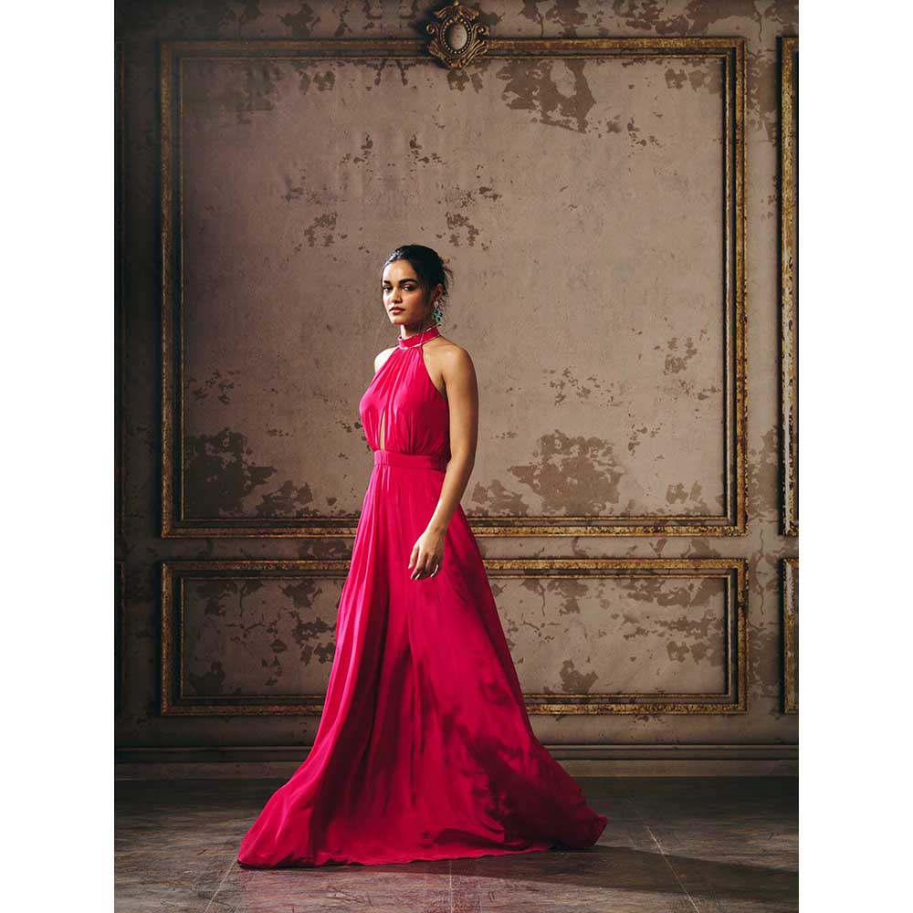 Masumi Mewawalla Hot Pink Halter Neck Gown