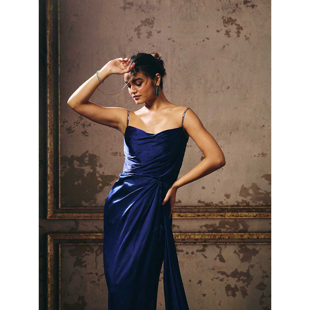 Masumi Mewawalla Navy Blue Drape Gown