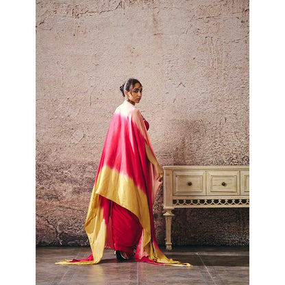 Masumi Mewawalla Red Skirt with Bustier and Ombre Cape (Set of 3)