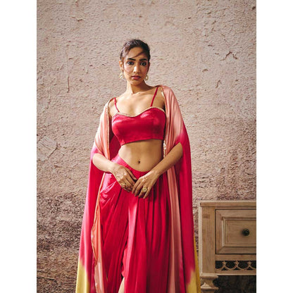 Masumi Mewawalla Red Skirt with Bustier and Ombre Cape (Set of 3)