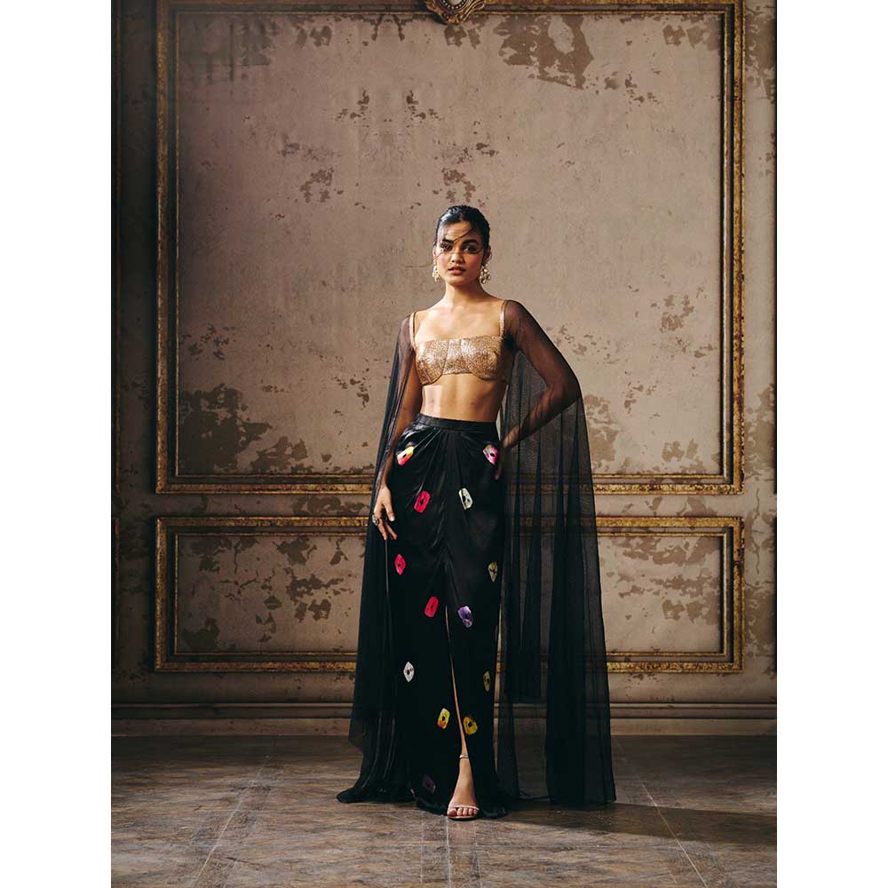 Masumi Mewawalla Black Shibori Skirt with Attached Cape Blouse (Set of 2)