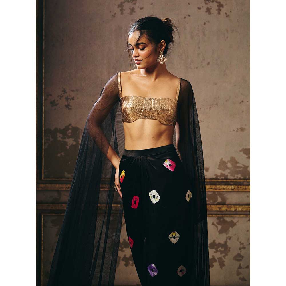 Masumi Mewawalla Black Shibori Skirt with Attached Cape Blouse (Set of 2)