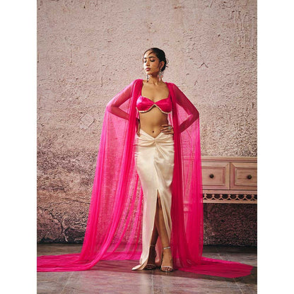 Masumi Mewawalla Hot Pink Blouse with Cape and Skirt (Set of 3)