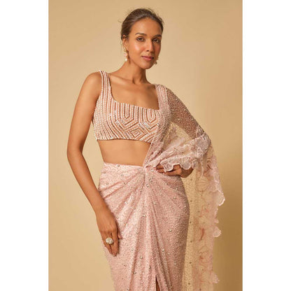 Masumi Mewawalla Pink Embroidered Pre Draped Saree and Stitched Blouse