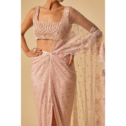Masumi Mewawalla Pink Embroidered Pre Draped Saree and Stitched Blouse