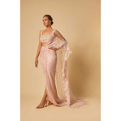 Masumi Mewawalla Pink Embroidered Pre Draped Saree and Stitched Blouse