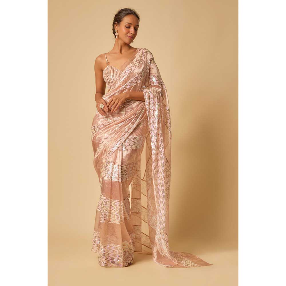 Masumi Mewawalla Pink Tissue Sequin Block Pre Draped Saree and Stitched Blouse