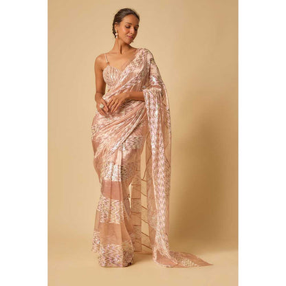 Masumi Mewawalla Pink Tissue Sequin Block Pre Draped Saree and Stitched Blouse