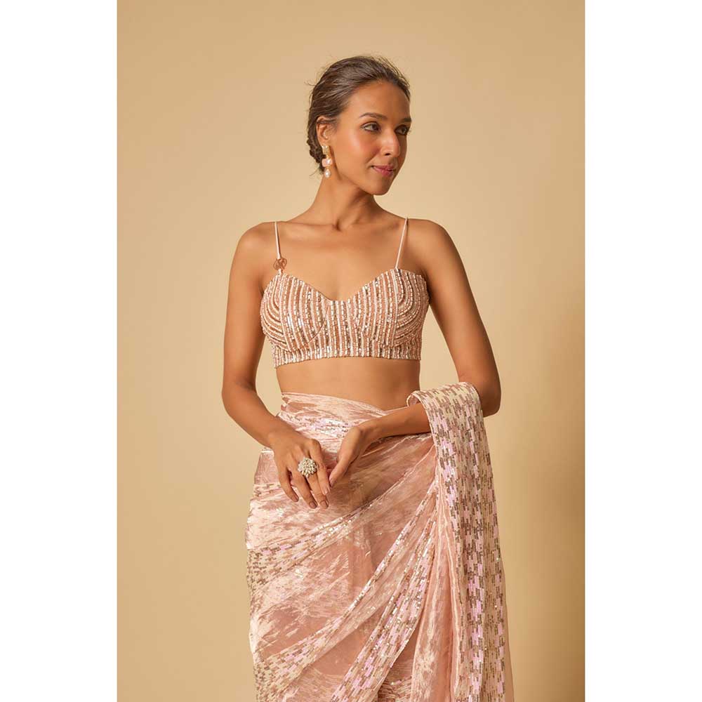 Masumi Mewawalla Pink Tissue Sequin Block Pre Draped Saree and Stitched Blouse