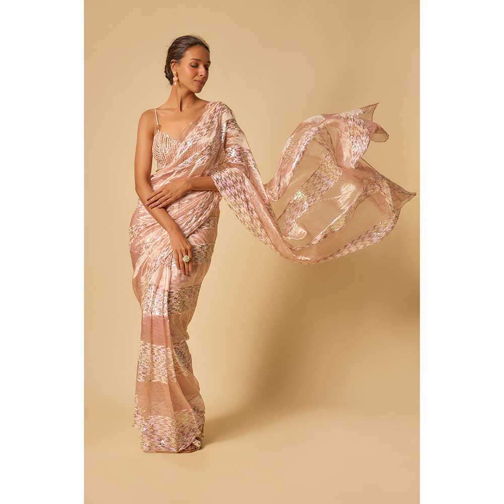 Masumi Mewawalla Pink Tissue Sequin Block Pre Draped Saree and Stitched Blouse