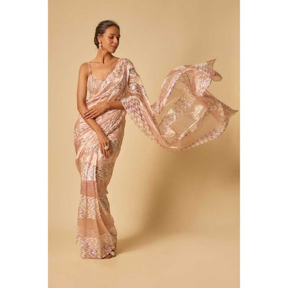 Masumi Mewawalla Pink Tissue Sequin Block Pre Draped Saree and Stitched Blouse