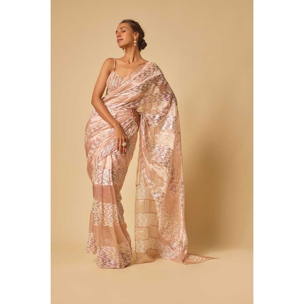 Masumi Mewawalla Pink Tissue Sequin Block Pre Draped Saree and Stitched Blouse