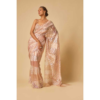 Masumi Mewawalla Pink Tissue Sequin Block Pre Draped Saree and Stitched Blouse