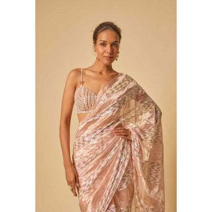 Masumi Mewawalla Pink Tissue Sequin Block Pre Draped Saree and Stitched Blouse
