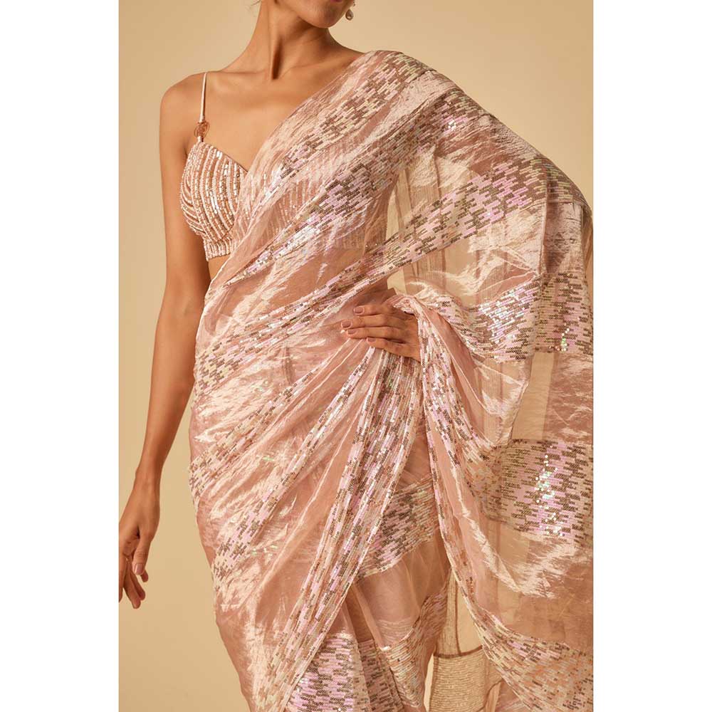 Masumi Mewawalla Pink Tissue Sequin Block Pre Draped Saree and Stitched Blouse