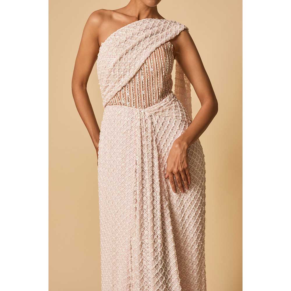Masumi Mewawalla Baby Pink Embroidered Pre Draped Gown Saree