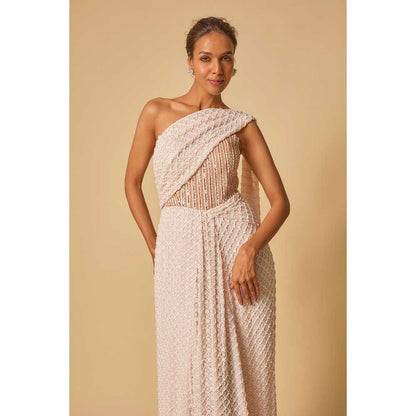 Masumi Mewawalla Baby Pink Embroidered Pre Draped Gown Saree