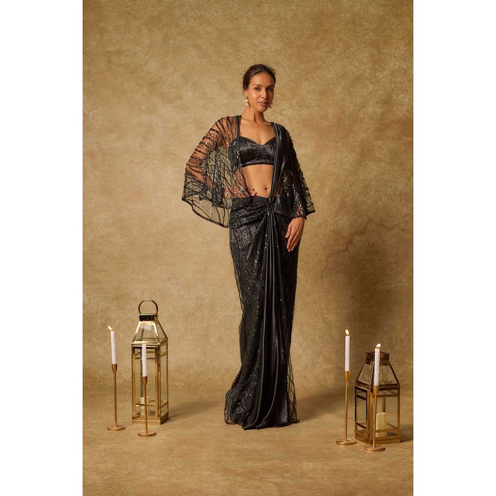 Masumi Mewawalla Black Embroidered Pre Draped Saree and Stitched Blouse with Cape