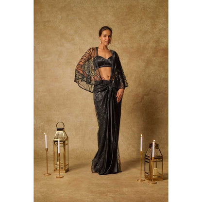 Masumi Mewawalla Black Embroidered Pre Draped Saree and Stitched Blouse with Cape