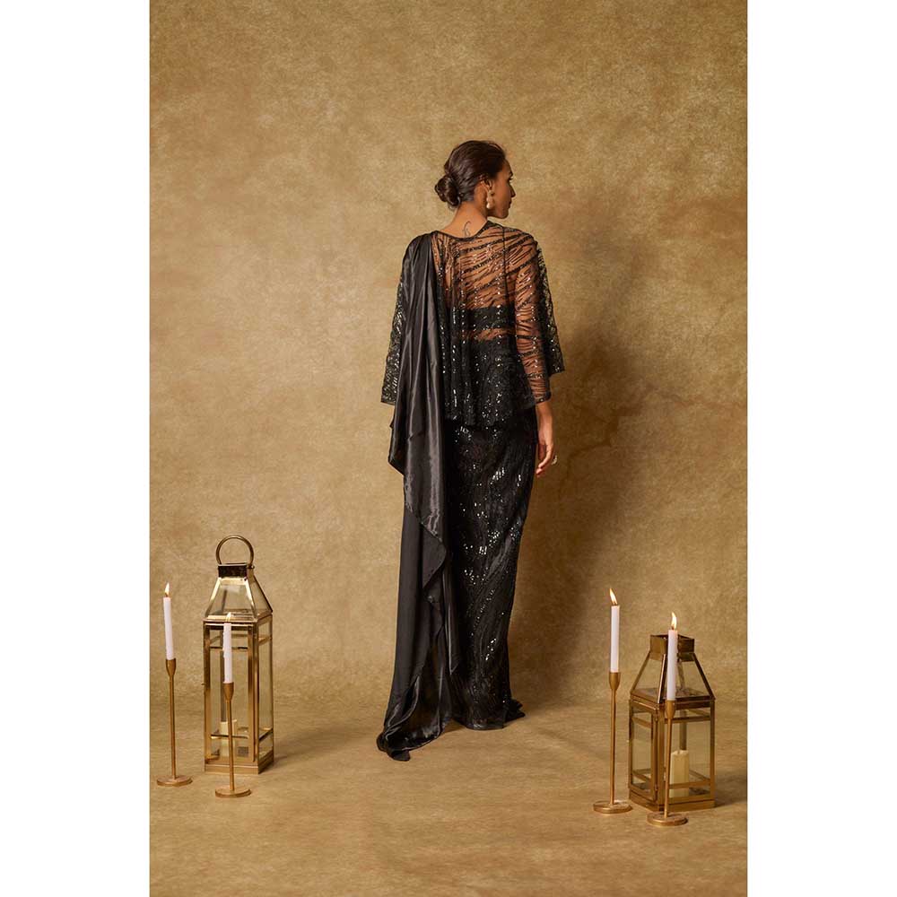 Masumi Mewawalla Black Embroidered Pre Draped Saree and Stitched Blouse with Cape