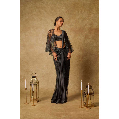 Masumi Mewawalla Black Embroidered Pre Draped Saree and Stitched Blouse with Cape