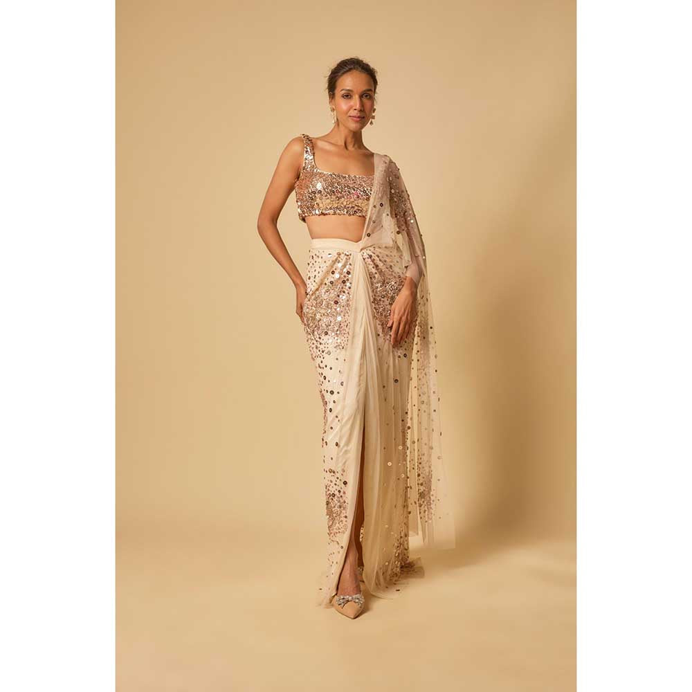 Masumi Mewawalla Beige Sequin Embroidered Pre Draped Saree and Stitched Blouse