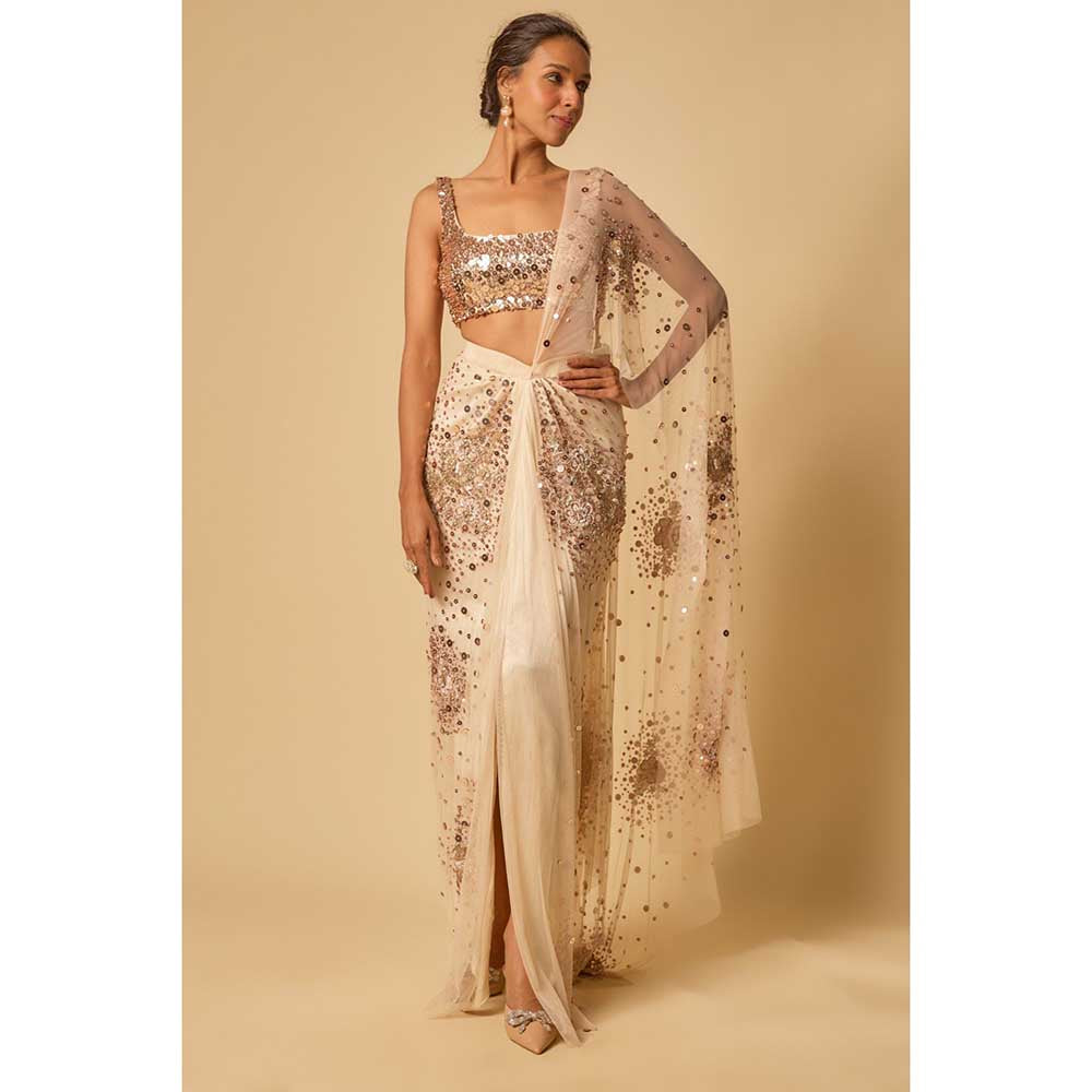 Masumi Mewawalla Beige Sequin Embroidered Pre Draped Saree and Stitched Blouse