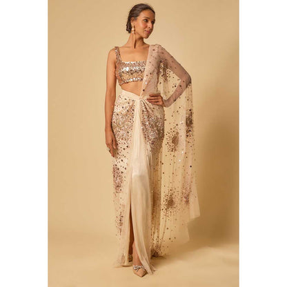 Masumi Mewawalla Beige Sequin Embroidered Pre Draped Saree and Stitched Blouse