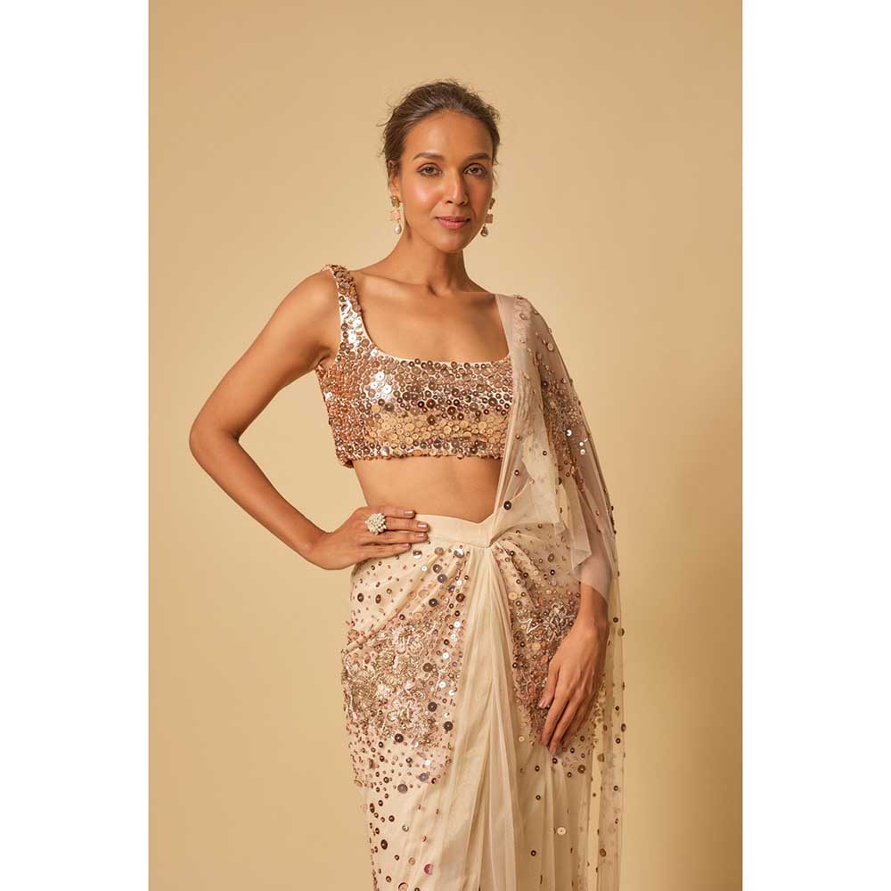 Masumi Mewawalla Beige Sequin Embroidered Pre Draped Saree and Stitched Blouse